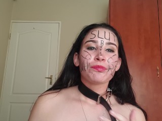 Self degrading slut gags herself and self face slapping with dirty talk
